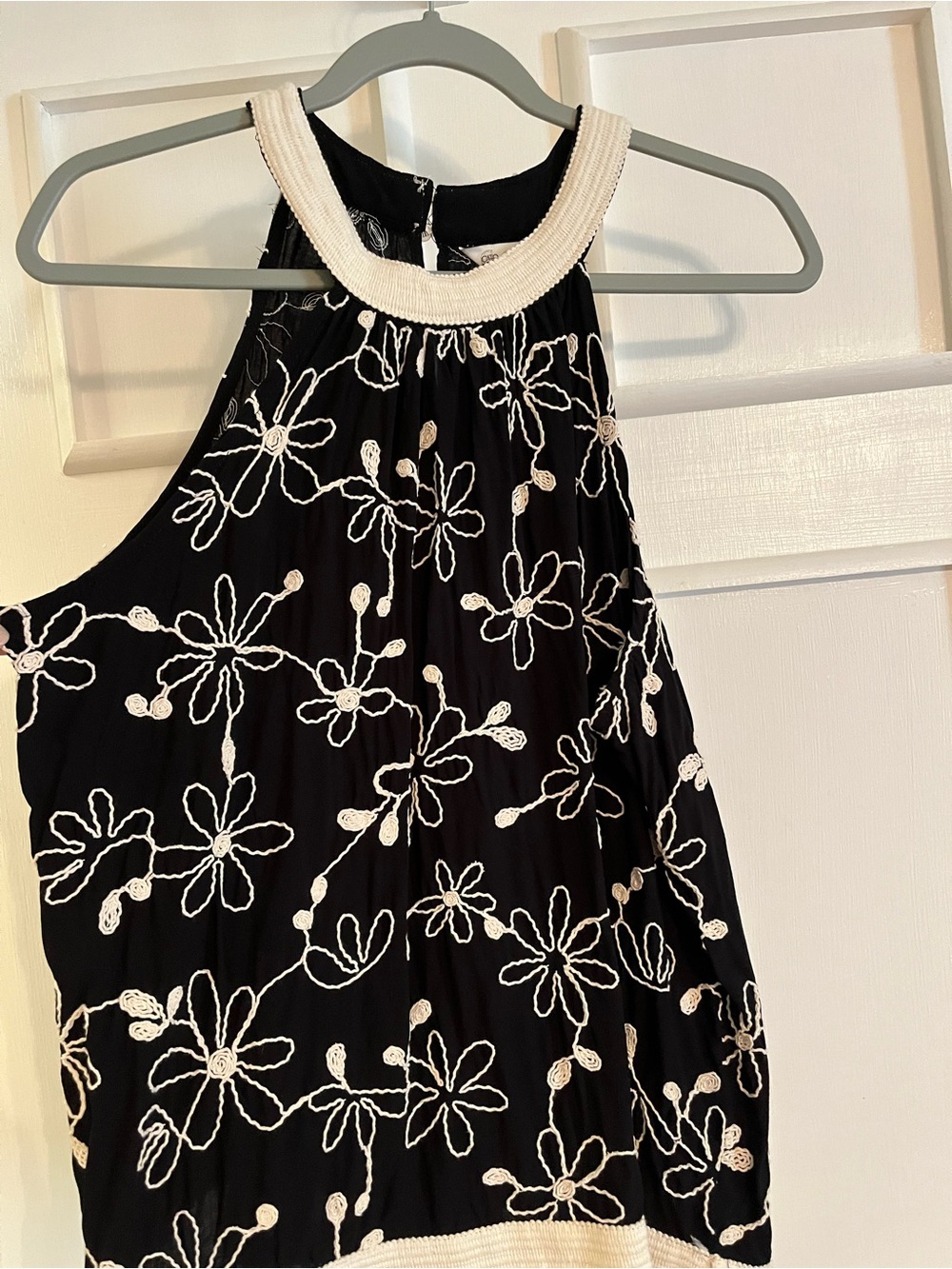 Girls Black Floral Embroidered Halter Dress with Cream Trim